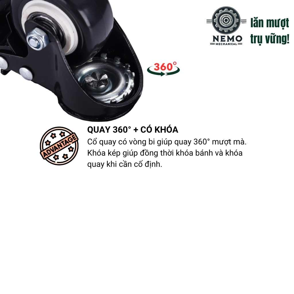 Bánh xe đẩy hàng đen trắng, loại cọc vít, có bạc đạn, đường kính bánh 4cm và 5cm, 40-50kg/1bánh